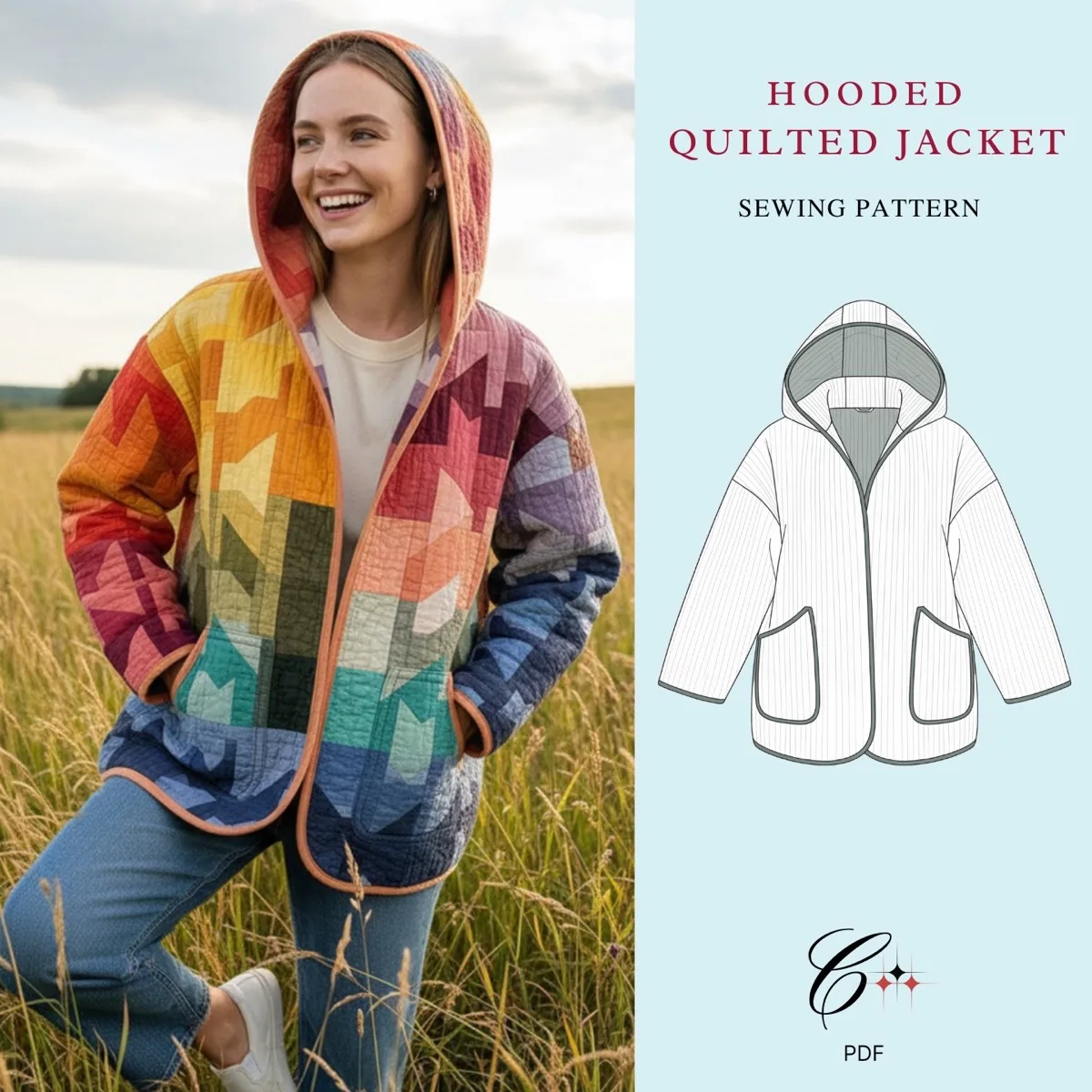 Hooded Quilted Jacket Sewing Pattern — get the full pattern on Etsy